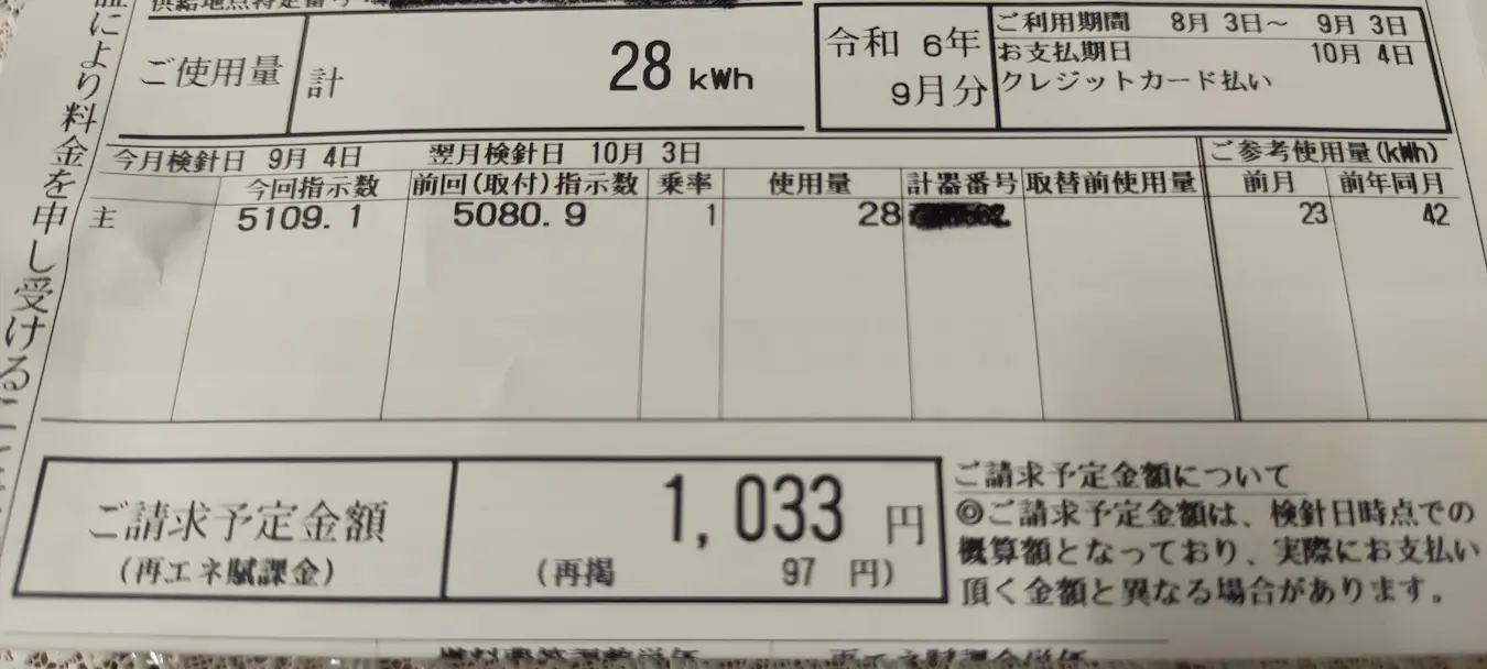 夏の電気代1000円(2024年9月の使用量28Kwh)