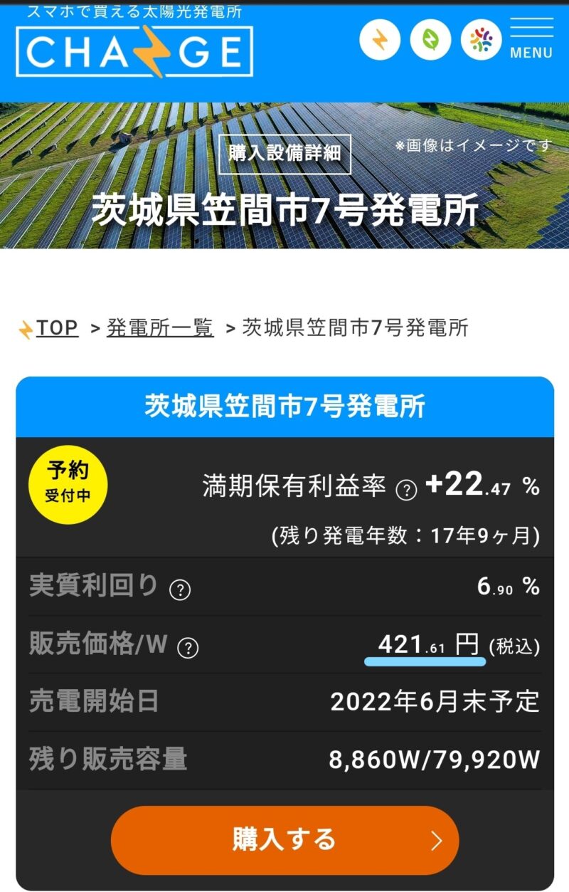 太陽光発電所CHANGE「投資額1W421.61円」