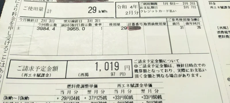 2022年1月電気代「1,019円」ご使用量29kwh