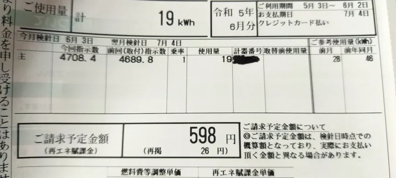 電気代　598円(6月請求分)