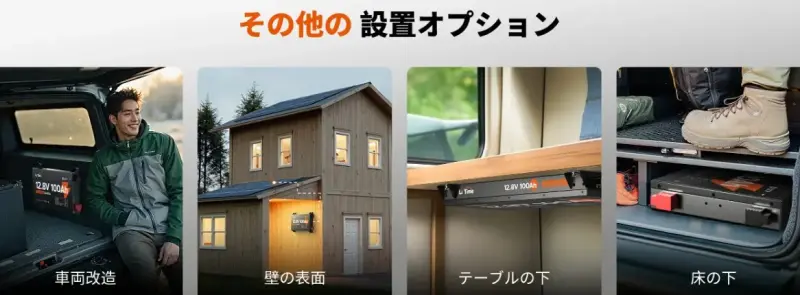 LiTime超薄型リン酸鉄リチウムイオンバッテリー多彩な設置イメージ